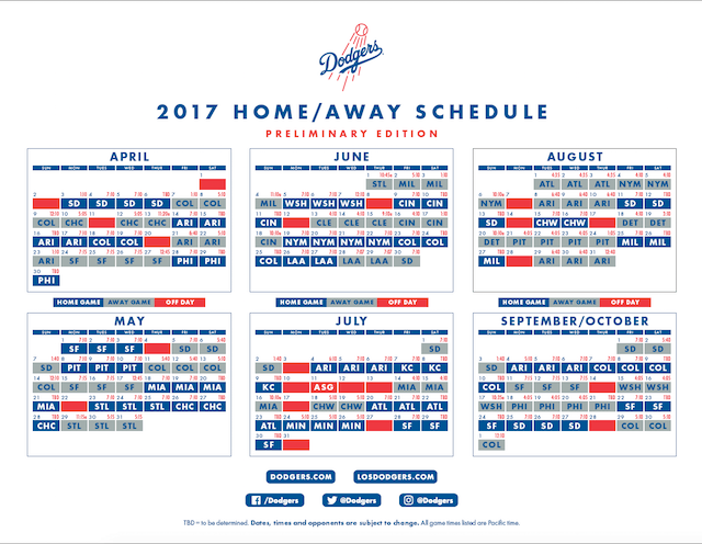 Dodgers 2017 preliminary schedule