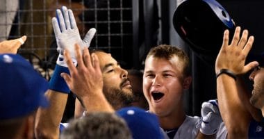 Los Angeles Dodgers teammates Andre Ethier and Joc Pederson in the dugout at Dodger Stadium