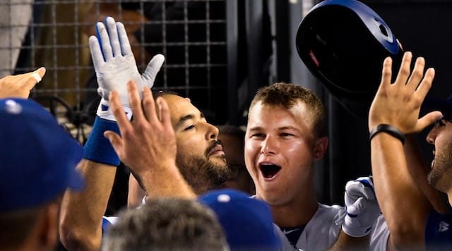 Los Angeles Dodgers teammates Andre Ethier and Joc Pederson in the dugout at Dodger Stadium