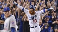 Los Angeles Dodgers third baseman Justin Turner celebrates after hitting a walk-off home run against the Chicago Cubs in the 2017 NLCS