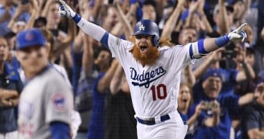 Los Angeles Dodgers third baseman Justin Turner celebrates after hitting a walk-off home run against the Chicago Cubs in the 2017 NLCS