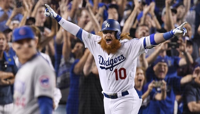 Los Angeles Dodgers third baseman Justin Turner celebrates after hitting a walk-off home run against the Chicago Cubs in the 2017 NLCS