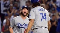 Los Angeles Dodgers teammates Kenley Jansen and Clayton Kershaw celebrate during the 2017 NLDS