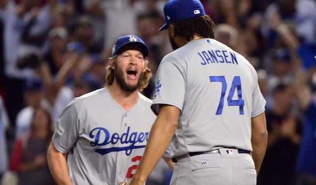 Los Angeles Dodgers teammates Kenley Jansen and Clayton Kershaw celebrate during the 2017 NLDS