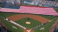 Dodger Stadium view, American flag, 2018 Opening Day