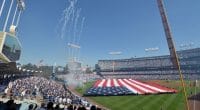 Dodger Stadium view, American flag
