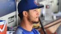 Chicago Cubs starting pitcher Yu Darvish in the dugout at Dodger Stadium