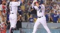 Los Angeles Dodgers teammates Chris Taylor and Kiké Hernandez celebrate a home run