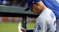 Los Angeles Dodgers manager Dave Roberts in the dugout at Chase Field