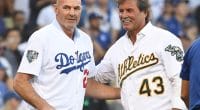 Dennis Eckersley, Kirk Gibson before a 2018 World Series game at Dodger Stadium