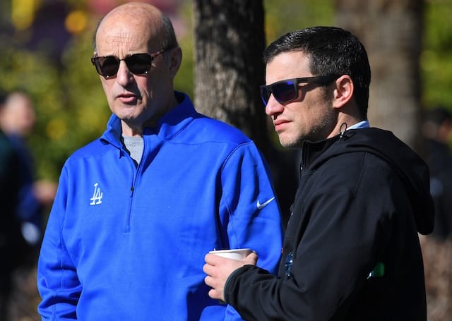 Los Angeles Dodgers president and CEO Stan Kasten stands with president of baseball operations Andrew Friedman
