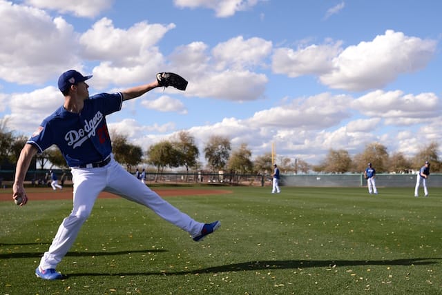 Los Angeles Dodgers starting pitcher Walker Buehler during a Spring Training workout at Camelback Ranch