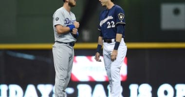 Los Angeles Dodgers All-Star Cody Bellinger and Milwaukee Brewers outfielder Christian Yelich talk before a game at Miller Park