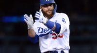 Los Angeles Dodgers catcher Russell Martin reacts after hitting a double