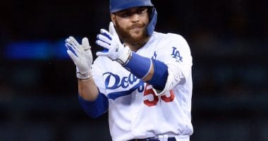 Los Angeles Dodgers catcher Russell Martin reacts after hitting a double