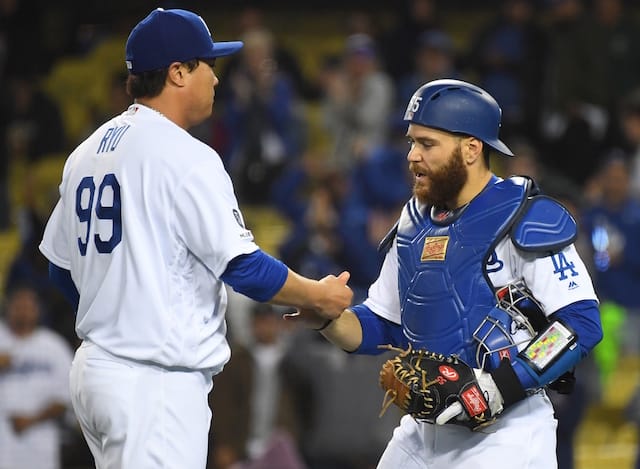 Los Angeles Dodgers teammates Russell Martin and Hyun-Jin Ryu celebrate after a win