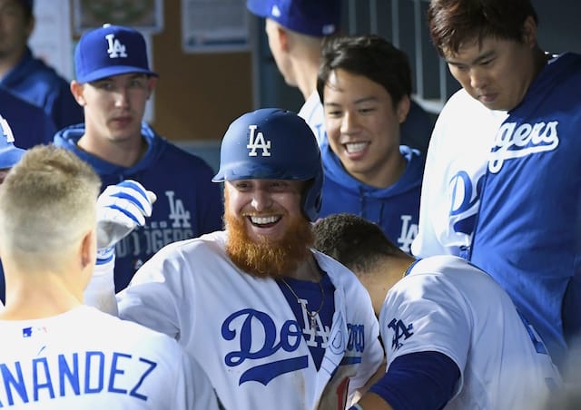 Los Angeles Dodgers third baseman Justin Turner in the dugout at Dodger Stadium