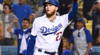Los Angeles Dodgers outfielder Alex Verdugo celebrates a walk-off win against the New York Mets