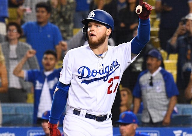 Los Angeles Dodgers outfielder Alex Verdugo celebrates a walk-off win against the New York Mets