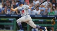 Los Angeles Dodgers catcher Austin Barnes gets a hit against the Pittsburgh Pirates