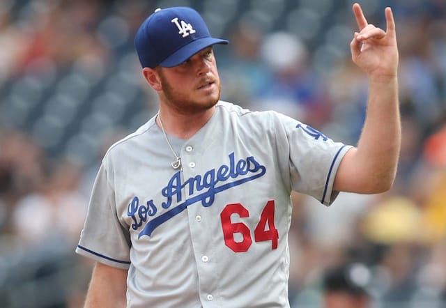 Los Angeles Dodgers pitcher Caleb Ferguson gestures during a game at PNC Park