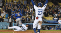 Alex Verdugo celebrates as Cody Bellinger scores a game-winning run in a walk-off win for the Los Angeles Dodgers