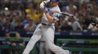 Los Angeles Dodgers shortstop Corey Seager hits an RBI single against the Pittsburgh Pirates