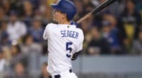 Los Angeles Dodgers shortstop Corey Seager hits a home run off Philadelphia Phillies starting pitcher Jake Arrieta