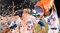 Joc Pederson and Alex Verdugo celebrate a Los Angeles Dodgers walk-off win