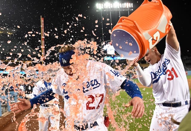 Joc Pederson and Alex Verdugo celebrate a Los Angeles Dodgers walk-off win