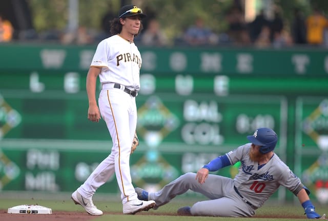 Los Angeles Dodgers third baseman Justin Turner slides into second base during a game against the Pittsburgh Pirates at PNC Park