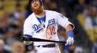 Los Angeles Dodgers third baseman Justin Turner reacts to his strikeout against the New York Mets