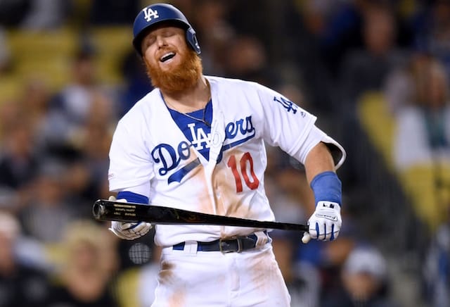 Los Angeles Dodgers third baseman Justin Turner reacts to his strikeout against the New York Mets
