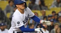 Los Angeles Dodgers second baseman Kiké Hernandez hits an RBI single against the New York Mets