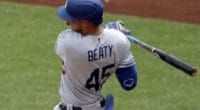 Los Angeles Dodgers infielder Matt Beaty collects a hit against the Pittsburgh Pirates