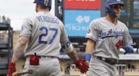 Los Angeles Dodgers teammates Matt Beaty and Alex Verdugo celebrate during a game at PNC Park