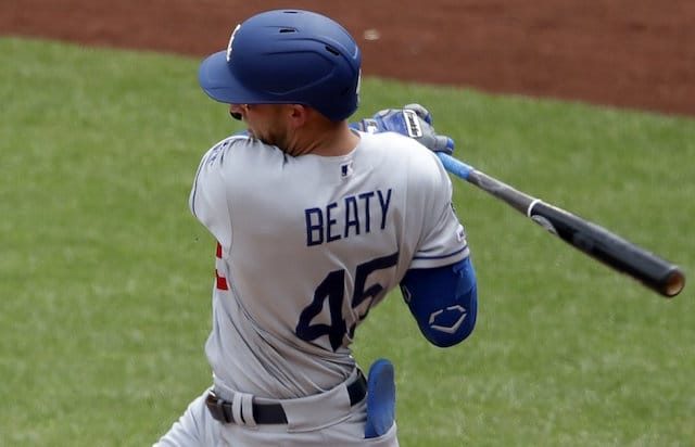 Los Angeles Dodgers infielder Matt Beaty collects a hit against the Pittsburgh Pirates