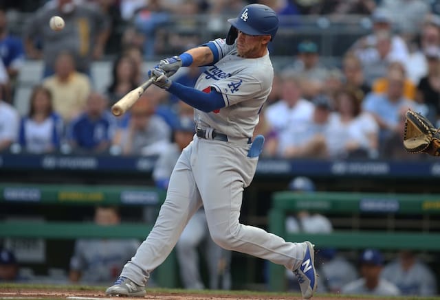 Los Angeles Dodgers infielder Matt Beaty leads off with a hit against the Pittsburgh Pirates