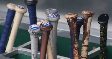 General view of Los Angeles Dodgers bats, including Max Muncy's