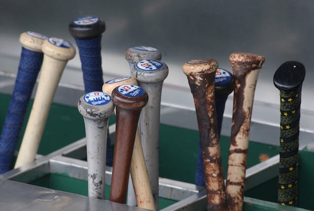 General view of Los Angeles Dodgers bats, including Max Muncy's