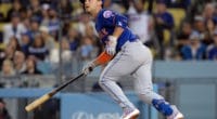 New York Mets right fielder Michael Conforto watches a grand slam hit at Dodger Stadium
