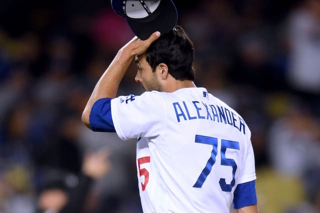 Los Angeles Dodgers relief pitcher Scott Alexander reacts after allowing a grand slam against the New York Mets