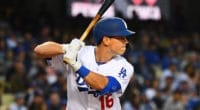 Los Angeles Dodgers catcher Will Smith hits a single in his first career MLB at-bat