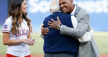 Former Los Angeles Dodgers manager Tommy Lasorda attends the Texas Rangers jersey retirement ceremony for Adrian Beltre