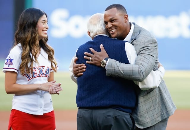 Former Los Angeles Dodgers manager Tommy Lasorda attends the Texas Rangers jersey retirement ceremony for Adrian Beltre