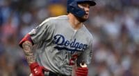 Los Angeles Dodgers outfielder Alex Verdugo runs after hitting an RBI single against the Colorado Rockies