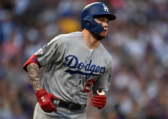 Los Angeles Dodgers outfielder Alex Verdugo runs after hitting an RBI single against the Colorado Rockies