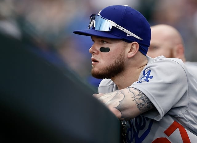 Los Angeles Dodgers outfielder Alex Verdugo in the dugout at Chase Field