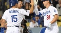 Los Angeles Dodgers catcher Austin Barnes celebrates with Joc Pederson after a home run against the San Francisco Giants