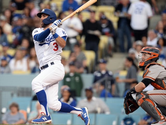 Los Angeles Dodgers shortstop Chris Taylor hits a home run against the San Francisco Giants